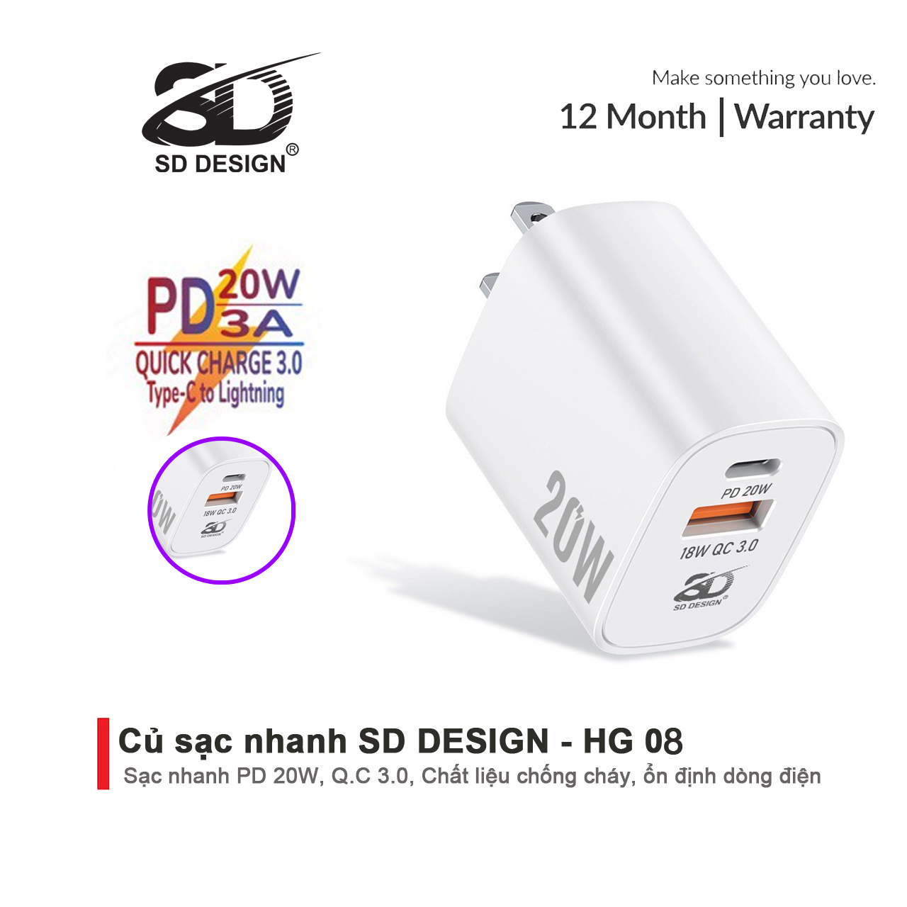 Củ Sạc Nhanh 20W SD Design HG 08 chất lượng cao sạc nhanh an toàn dùng cho iPhone iPad Oppo Android Samsung Huawei Xiaomi... Bảo hành 12 tháng 1 đổi 1