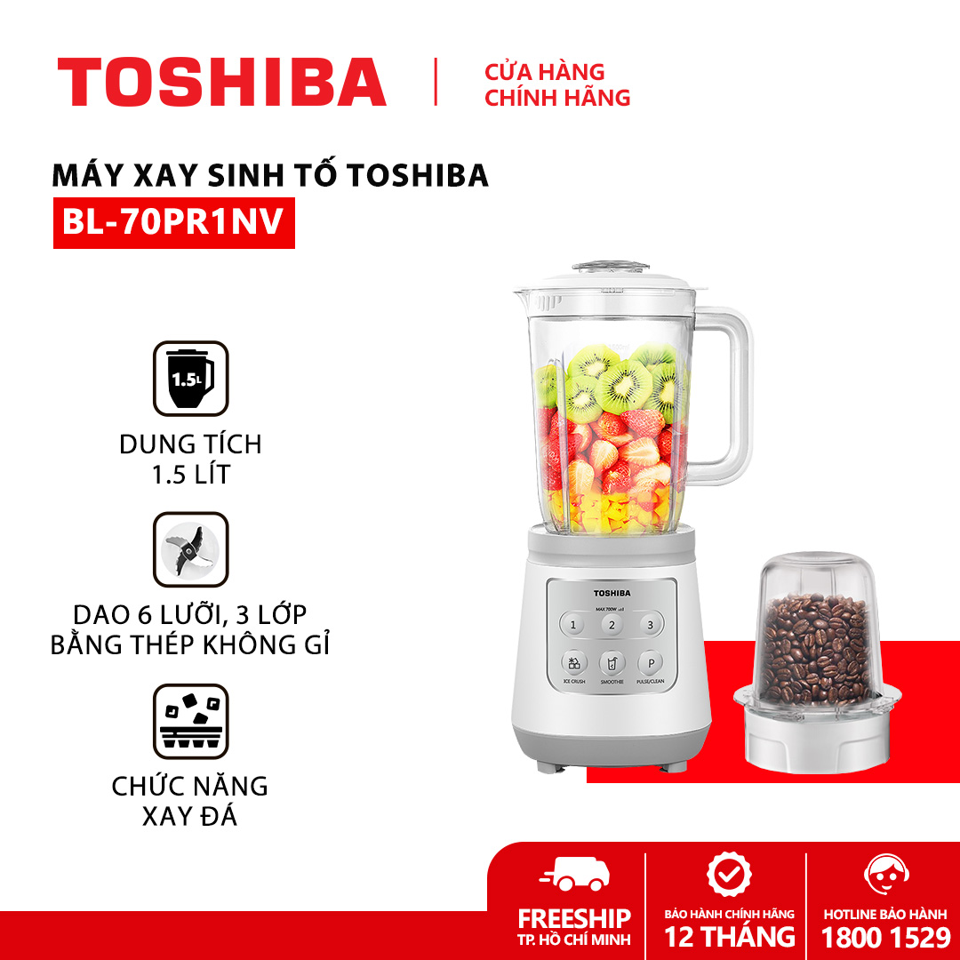 Máy xay sinh tố Toshiba BL-70PR1NV - Dung tích 1.5L - 2 cối - Chức năng xay đá- Công suất 700W - Hàng chính hãng, bảo hành 12 tháng, chất lượng Nhật Bản