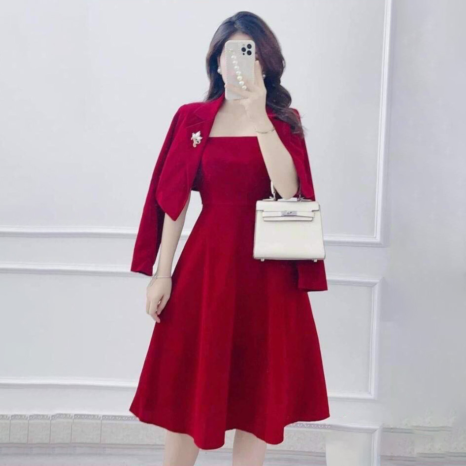 Sét Đồ Bộ Thời Trang Nữ Áo Khoác Vest Đính Phụ Kiện Kèm Đầm Diện Đầm Đỏ Tỏa Sáng No1-SG -Fashion