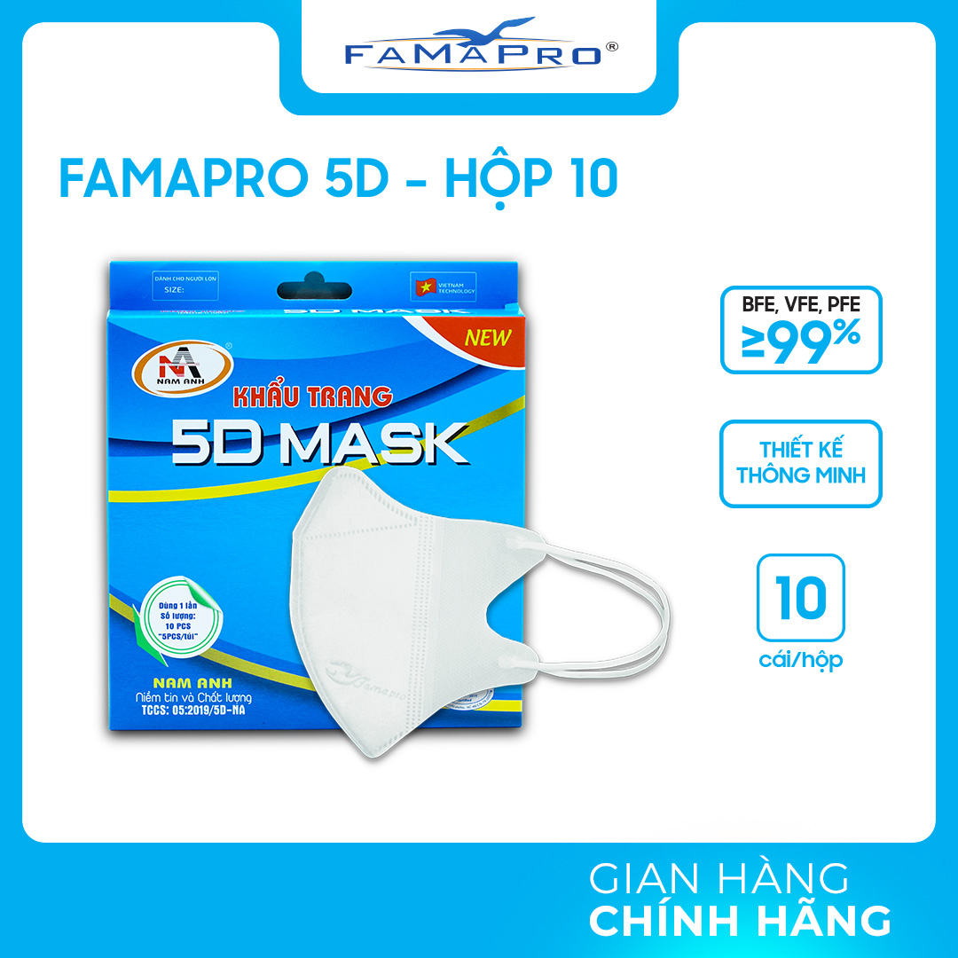 Combo 10 hộp Khẩu Trang Y Tế 5D Mask Nam Anh Famapro quai thun - Lọc vi khuẩn, mùi và bụi mịn - Vải êm, dễ chịu, không lem son môi
