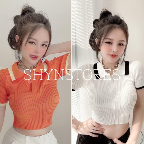Shynstores Áo dệt kim nữ dáng croptop cổ polo phối viền cao cấp nhiều màu