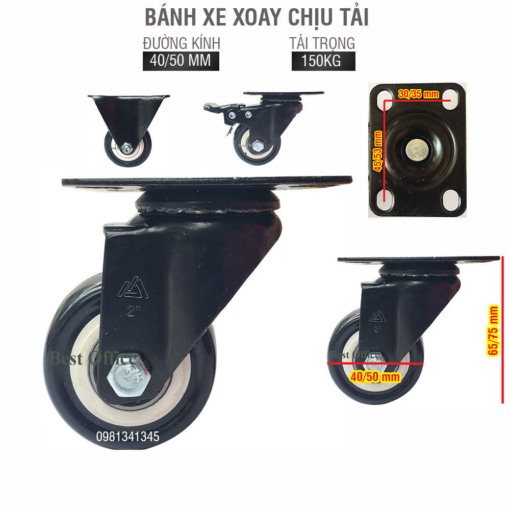 Bánh xe đẩy hàng 50mm; 40mm, chịu tải 150kg, di chuyển đa mặt sàn, lắp cho xe kéo, xe đẩy hàng