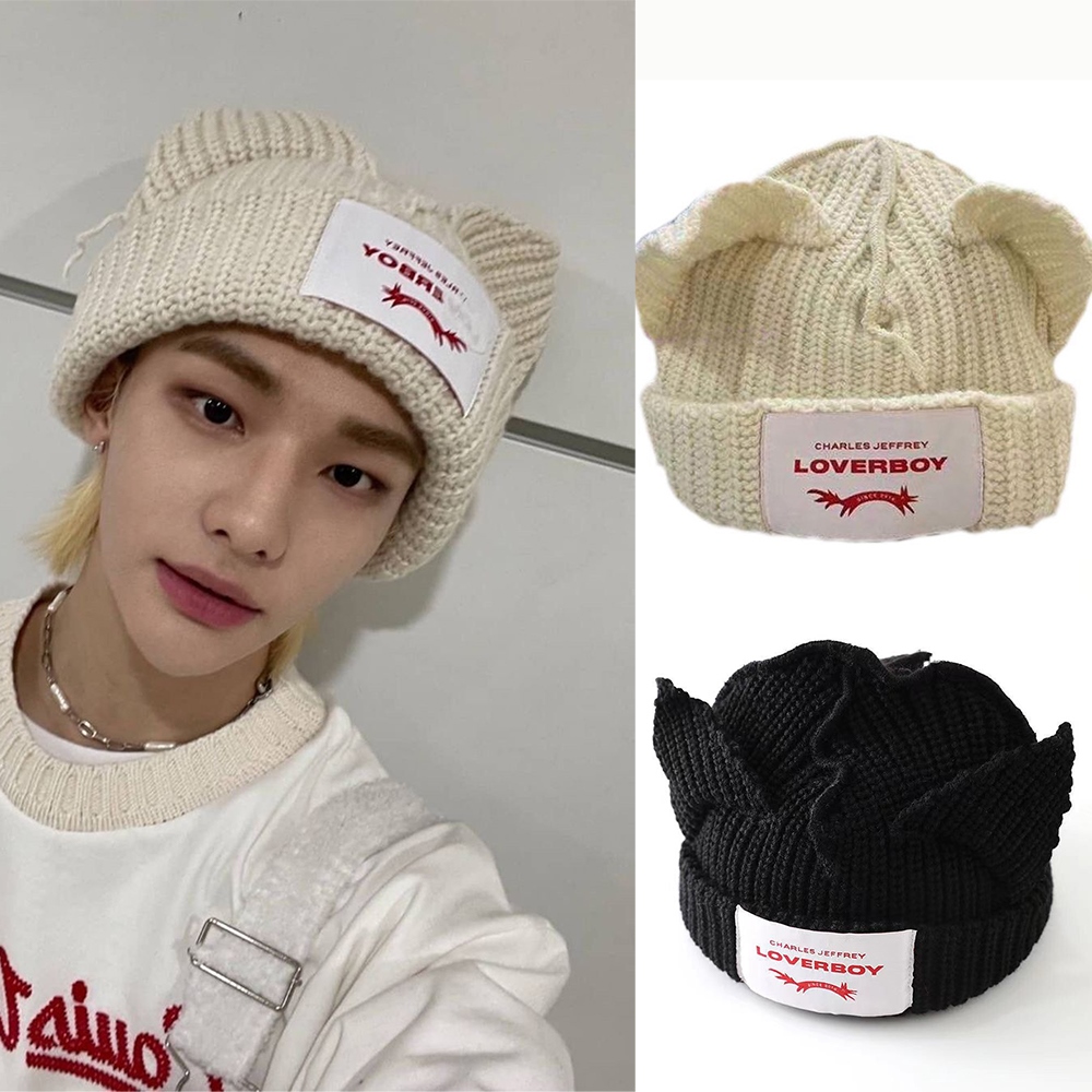 【YD】 KPOP StrayKids HyunJin Knitted Hat WAYV HENDERY Wool Cat Ear Winter Warm Decorative Cap Couple Gifts