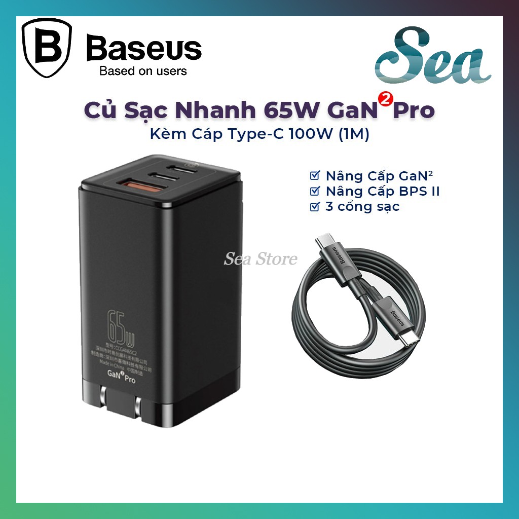 Củ Sạc 65W Baseus Gan 2 Pro Sạc Cho Laptop Macbook Ipad Iphone Samsung Phiên Bản Mới