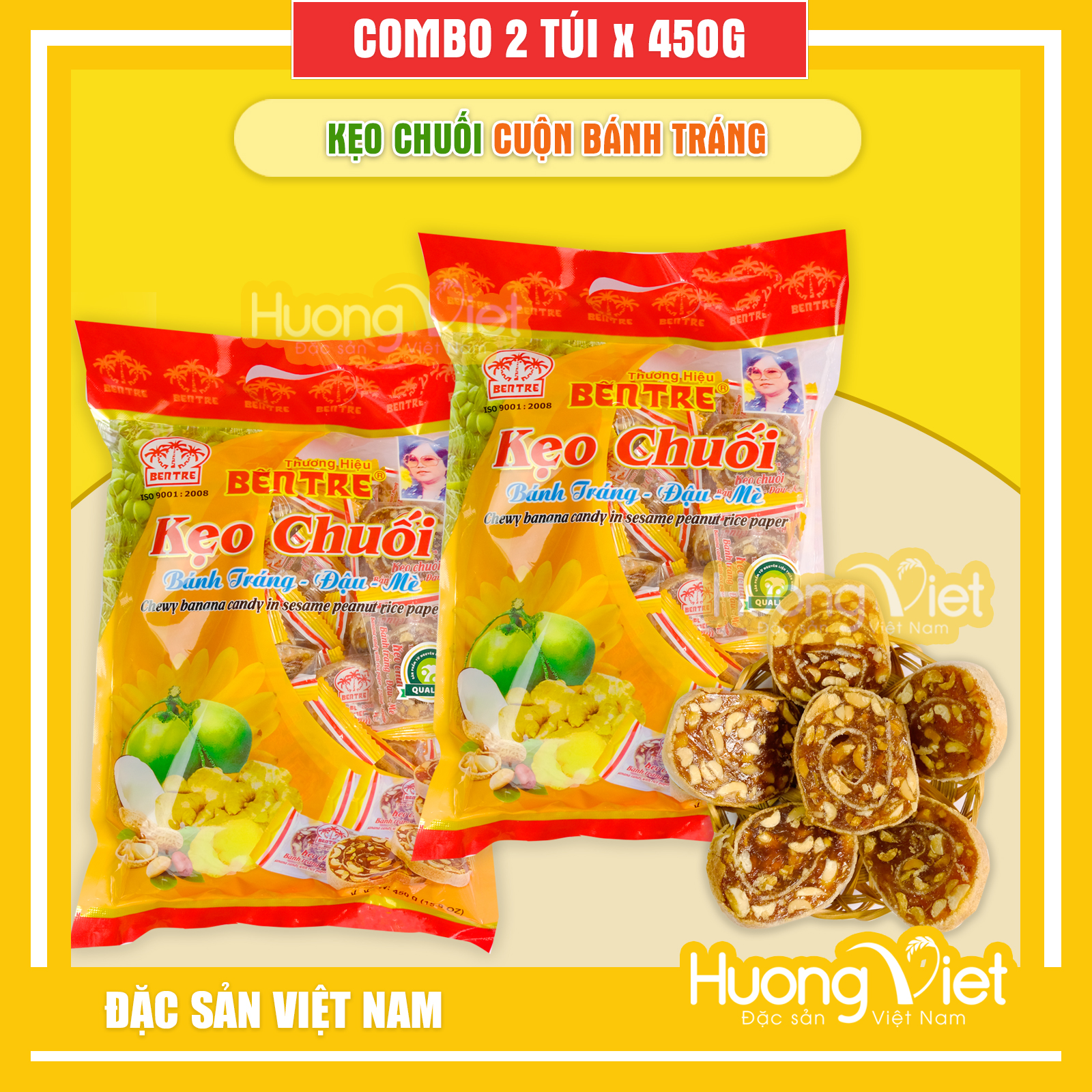 Combo 2 túi kẹo chuối cuộn bánh tráng đậu mè kẹo chuối gừng Bến Tre 450g đặc sản Bến Tre