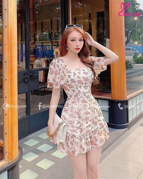 Đầm cổ chữ u tay phồng đuôi cá hoa nhí dễ thương siêu xinh mtb97