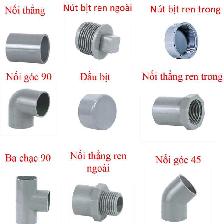 ( Phụ kiện ống nhựa phi 21 Tiền Phong ) Combo 5 Nối Thẳng, Nút Bịt, Nối Góc, Ba Chạc, Đầu Bịt