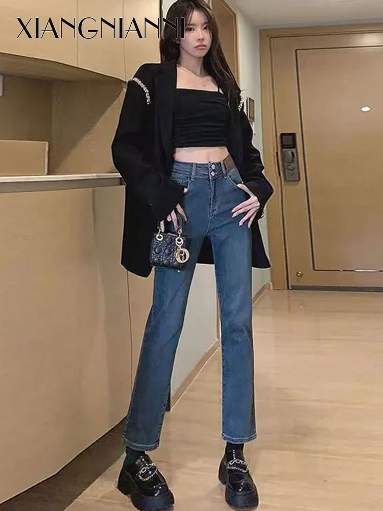 XIANG NIAN NI Jeans girl Blue Gray 2023 Wear slim high waist elastic