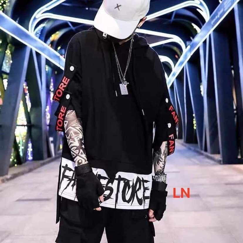 Áo thun tay lỡ dáng rộng unisex phối dây tay in chữ l& n