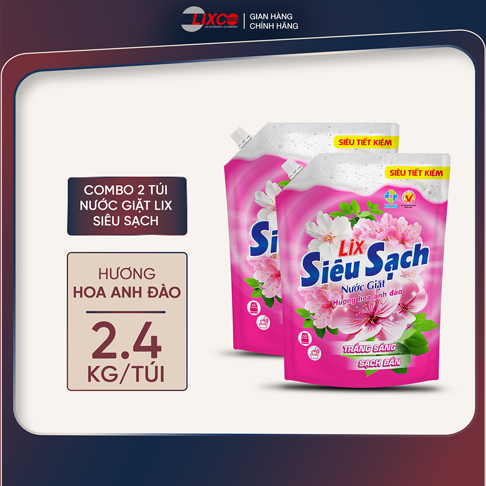  Combo 2 Túi nước giặt Lix siêu sạch hương hoa anh đào 2.4Kg 2C-N2503 sạch khử khuẩn kết hợp giặt xả 2 trong 1 - Lixco Việt Nam 