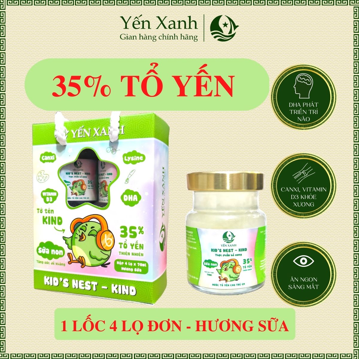 35% tổ yến - nước tổ yến sào chưng dành cho trẻ em kid's nest sữa non kind - yến xanh hương sữa - lốc 4 lọ x 70ml