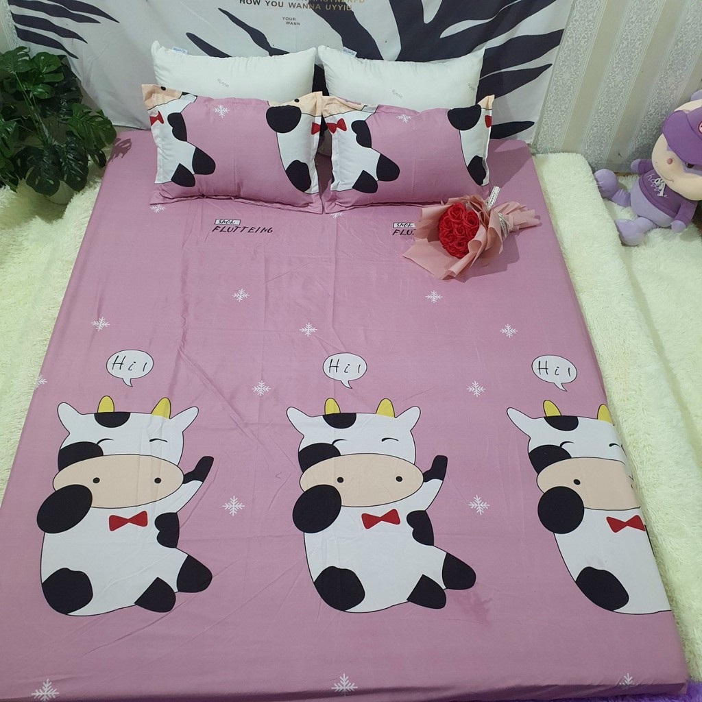 Bộ ga gối poly bò hồng | bộ drap giường ga trải giường