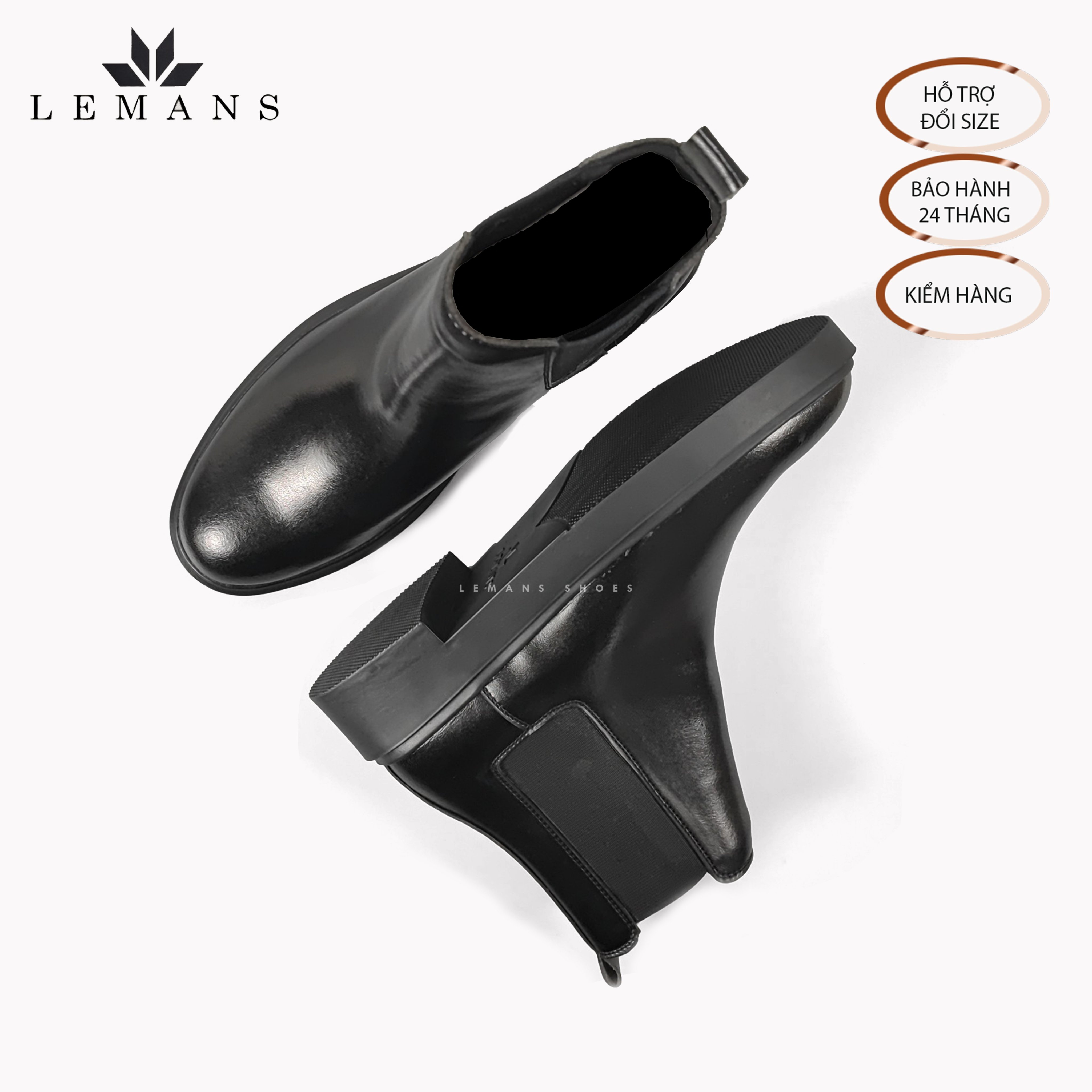 Giày da bò Chelsea Boots Black LEMANS CB66, đế Lemans cao 4cm, boot nam chelsea boot nam, bảo hành 24 tháng