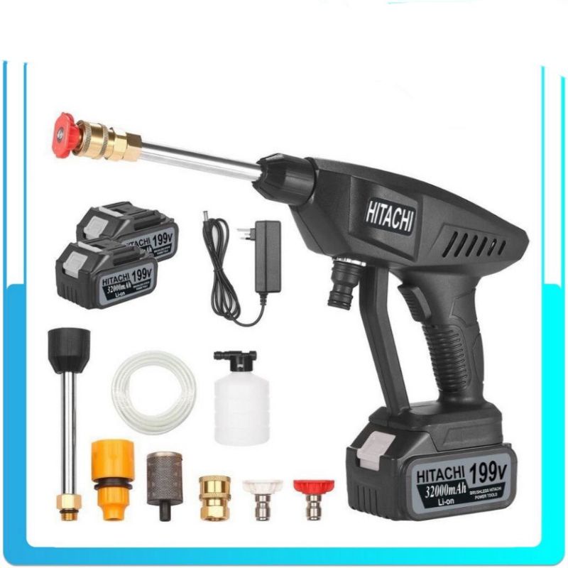 Máy xịt rửa xe máy  pin HITACHI áp lực cao bọt tuyết dùng gia đình phun khử trùng