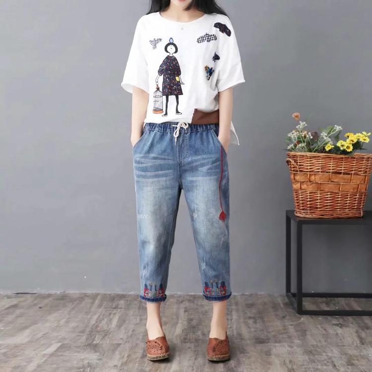 Quần jean bagyy nữ lưng thun eo co giãn size đại bigsize thêu hoa size 45kg - 90kg MoriGirlVN