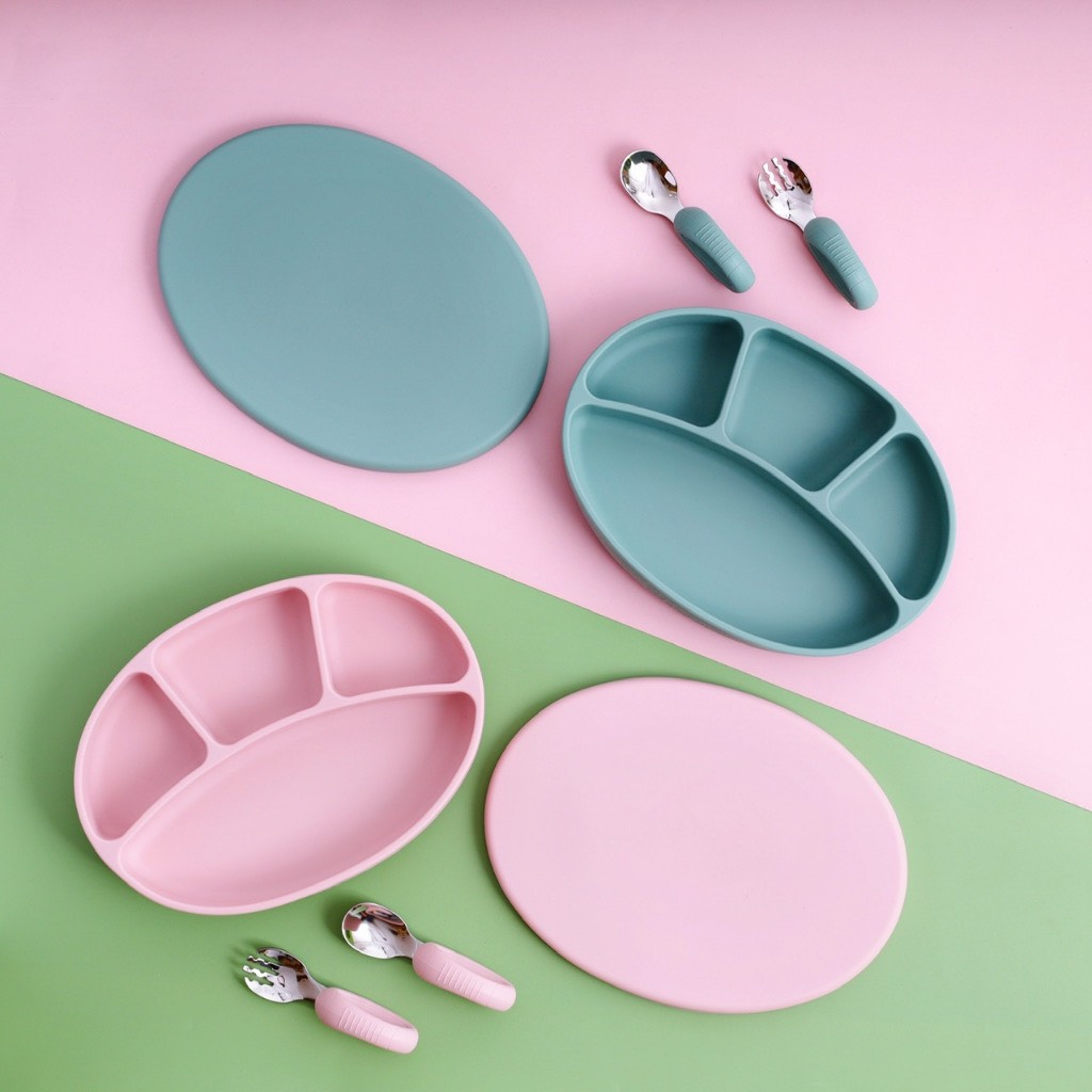 Khay ăn dặm silicone có nắp, set khay ăn dặm silicon cho bé ăn dặm