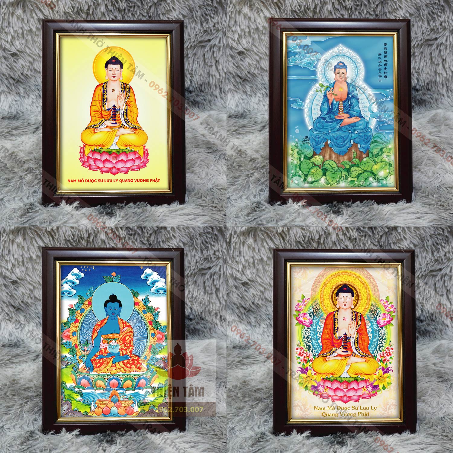 Tranh Phật Dược Sư để bàn chất liệu vải phủ bóng + khung composite xịn xò 19,5x25,5cm