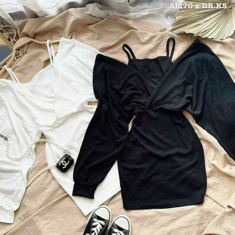 Đầm gân đũa trễ vai cổ V