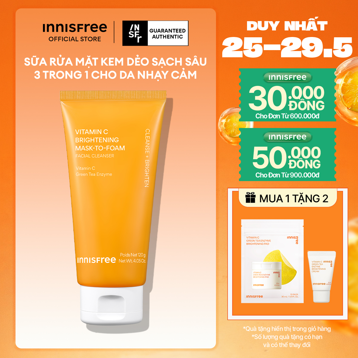 Sữa rửa mặt kem dẻo sạch sâu sáng da dịu nhẹ INNISFREE Vitamin C Brightening Mask-To-Foam Facial Cleanser 120g