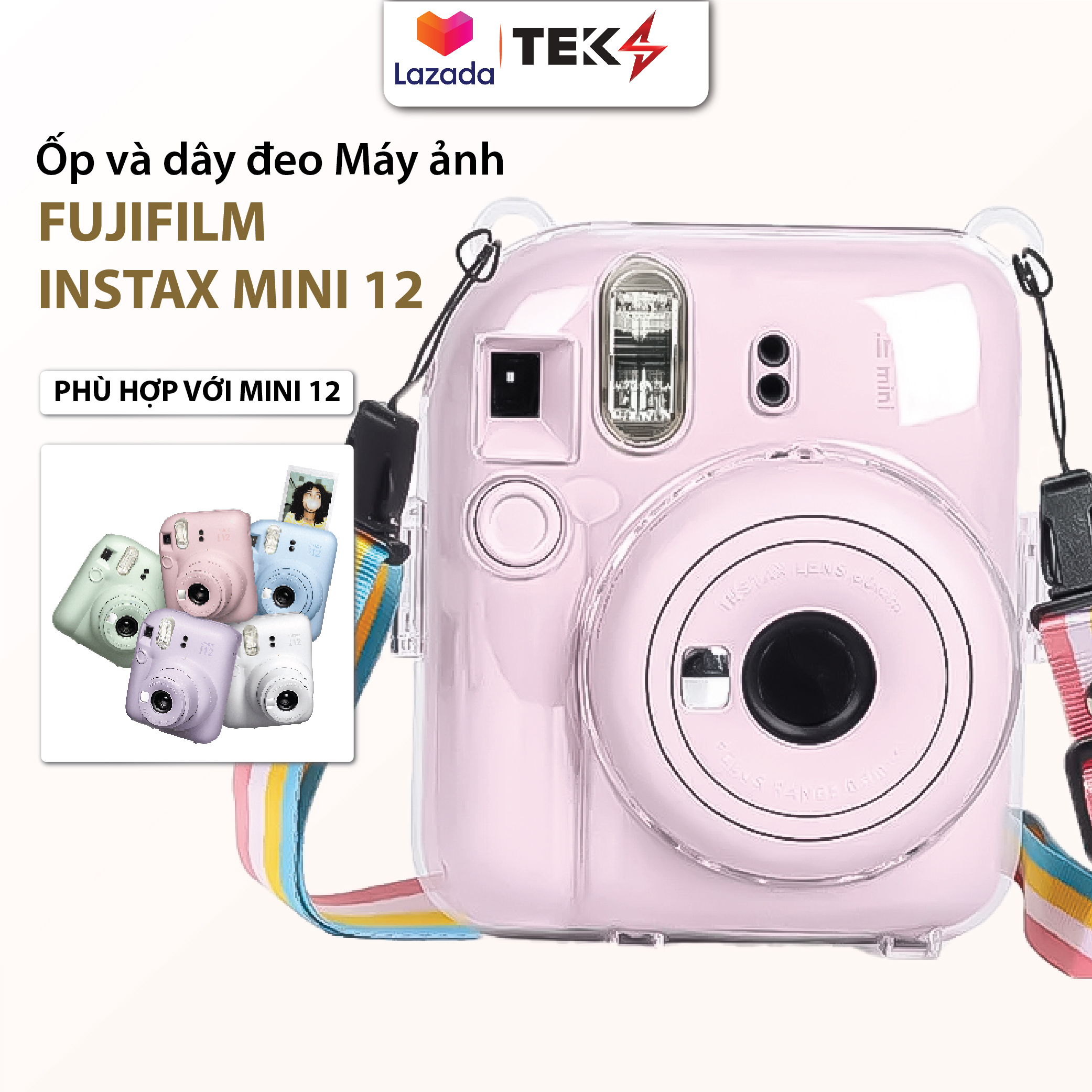 Case ốp nhựa trong suốt dành cho máy ảnh instax mini 12, kèm dây đeo cầu vồng