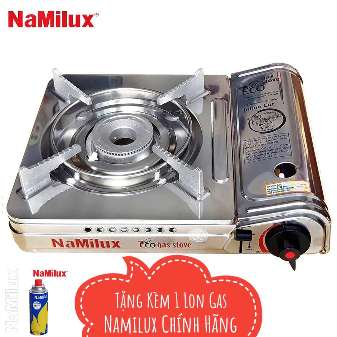 Bếp gas du lịch namilux inox 1911as - tự động ngắt gas, tiết kiệm, bền bỉ + tặng 1 lon gas namilux