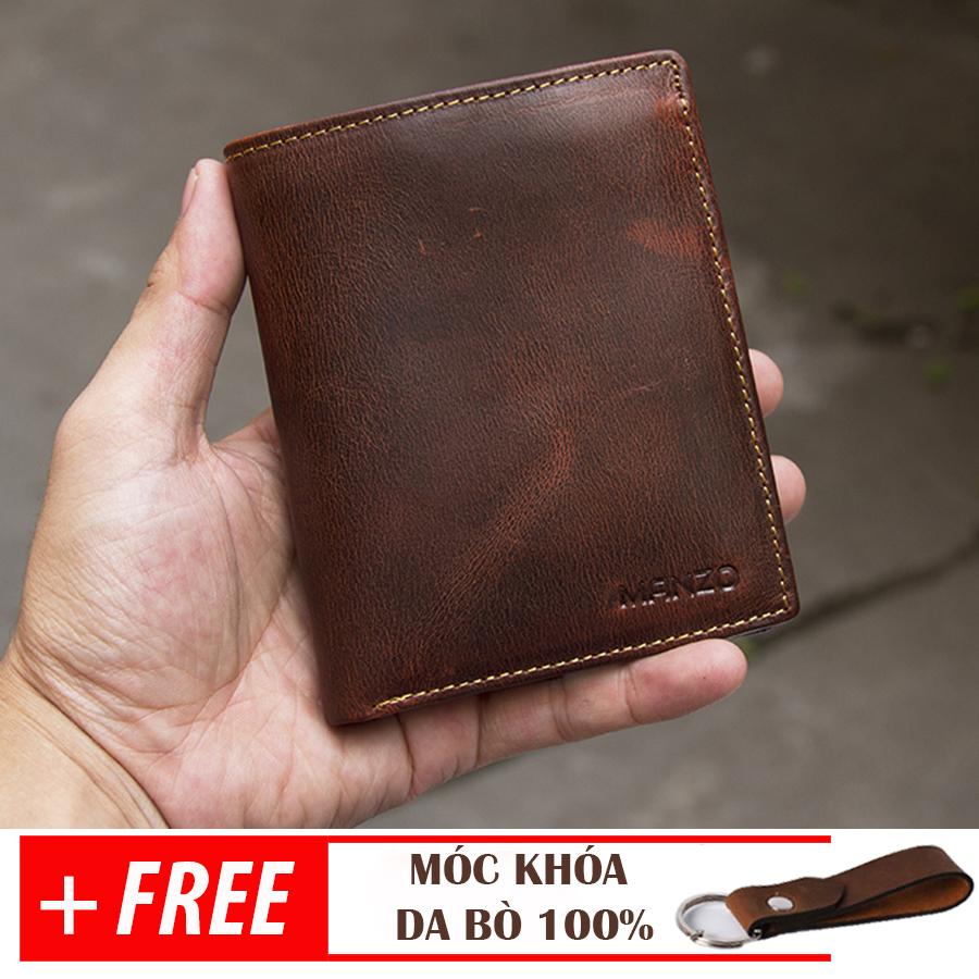 Ví đứng nam da bò Pull up , Bóp nam da bò Manzo VD50 - BẢO HÀNH 3 NĂM, Tặng móc chìa khóa da bò
