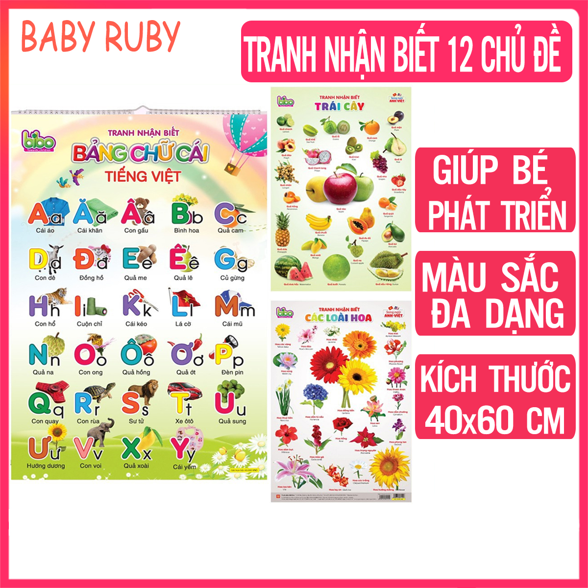 Bộ Tranh Treo Tường Cho Bé Học - 12 Chủ Đề Song Ngữ Việt Anh, Kích Thước 40x60cm - Bộ tranh treo tường 12 chủ đề, tranh treo tường cho bé, tranh dán tường cho bé học, bảng chữ cái treo tường cho bé, bảng học chữ cái cho bé