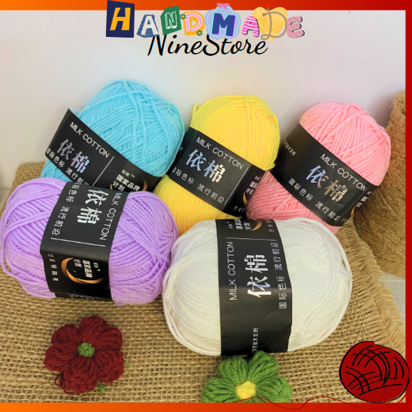 Len milk cotton 50gr đủ màu dùng đan móc thủ công nón, áo, túi_NineStore