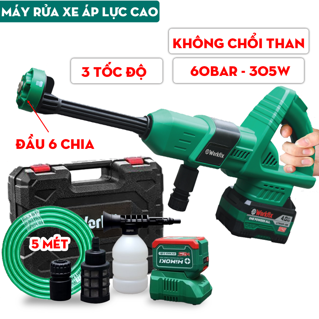 [CHÍNH HÃNG] Máy Rửa Xe Cao Áp Workfix 305w, 6 Chế Độ, 3 Tốc Độ, Công Suất 850w, Chân Pin Phổ Thông, Bảo Hành 12 Tháng