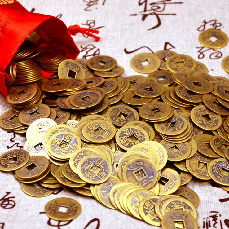 Bộ 5 Đồng Xu Bằng Đồng Giả Cổ triều đại Càn Long, Hóa Sát Chiêu Tài, vật phẩm phong thủy cầu tài lộc, may mắn, Đồng Tiền xin âm dương