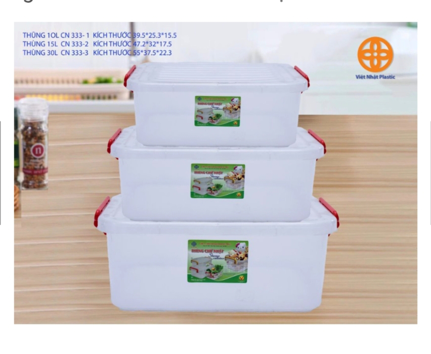 Thùng nhựa đựng đồ có nắp Việt Nhật. Dung tích 10 Lít (40 x 25 x 15cm). 15 Lít (47 x 32 x 17cm). 30 Lít (55 x 37 x 22cm). Hàng công ty cao cấp (CT-01)