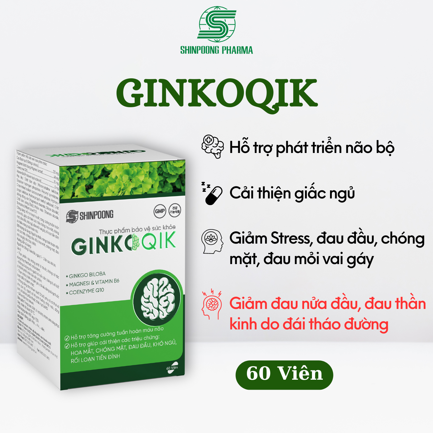 (Hộp 60V) Viên Uống GINKOQIK Hỗ Trợ Tuần Hoàn Máu Não, Giảm Đau Đầu, Hoa Mắt, Chóng Mặt - SHINPOONG PHARMA