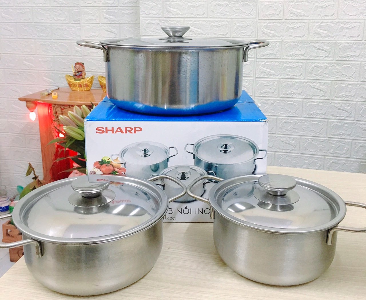 Bộ 3 nồi inox sáng bóng SHARP nắp inox 24cm 20cm 16cm dùng dược bếp từ và mọi loại bếp , bộ nồi inox chắc chắn cao cấp