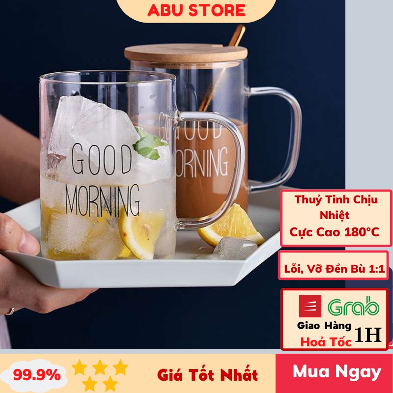 Ly thủy tinh chịu nhiệt uống nước dễ thương good morning 400ml,cốc thủy tinh decor cute abustore t35