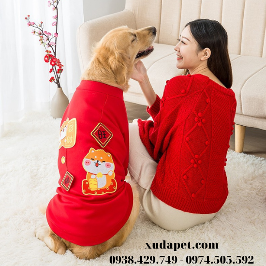 Áo tết đỏ hình cún shiba chúc tết may mắn cho chó lớn - sp005324