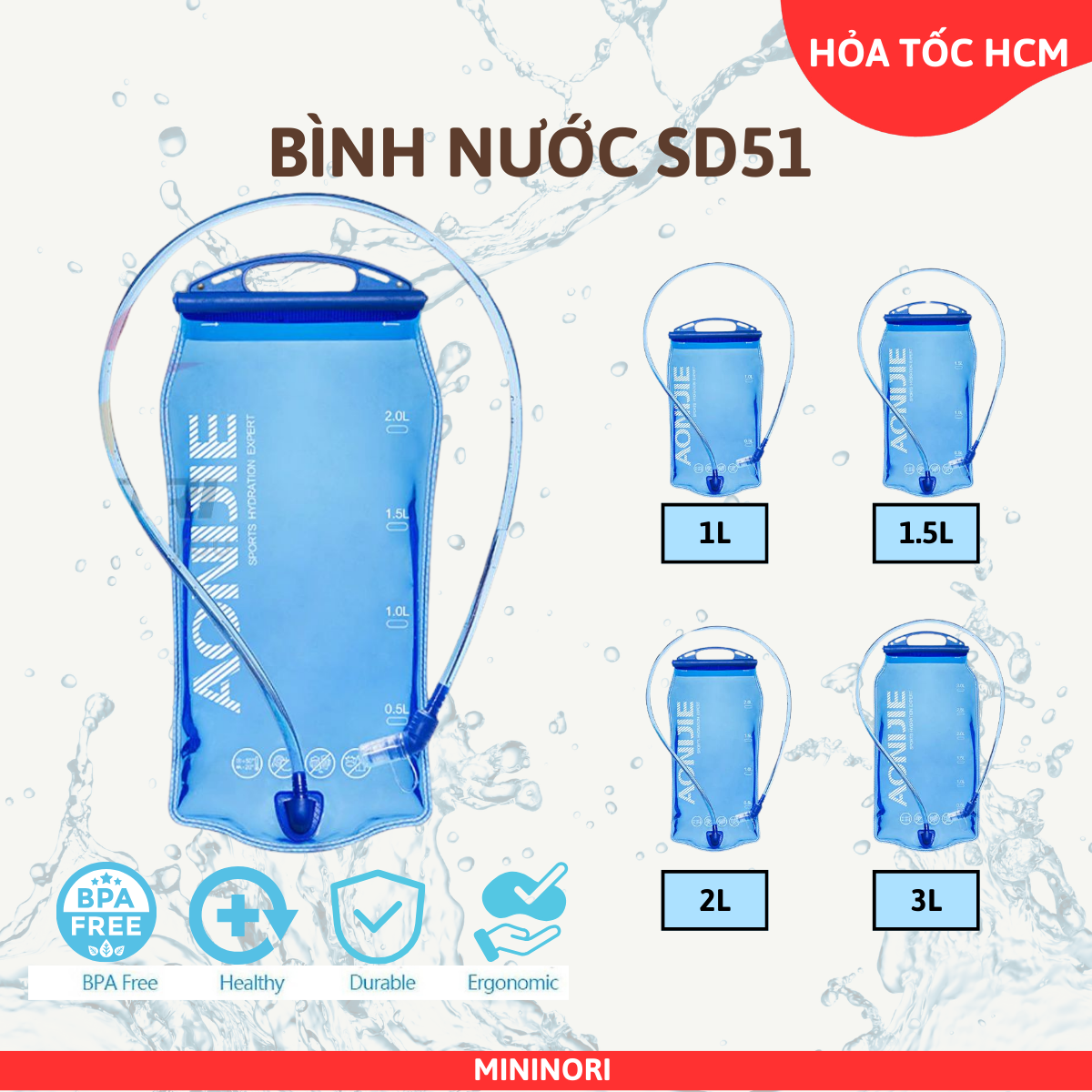 Bình nước, bình nước thể thao có vòi hút 1l, 1.5l, 2l, 3l aonijie sd51, chất liệu cao cấp, an toàn, siêu bền