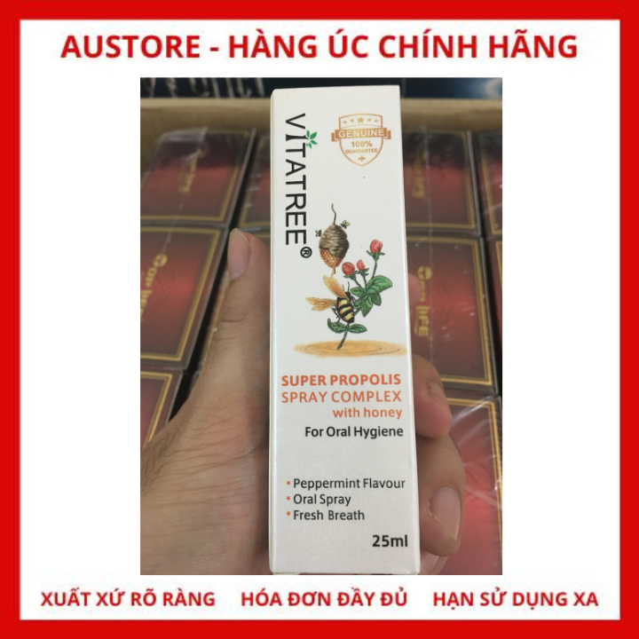 [Bill Úc, Date 03/2023, 25mL] Vitatree Super Propolis Spray Complex with Honey 25ml - Keo ong xịt họng Vitatree hỗ trợ phòng ngừa, điều trị viêm họng, đau rát họng