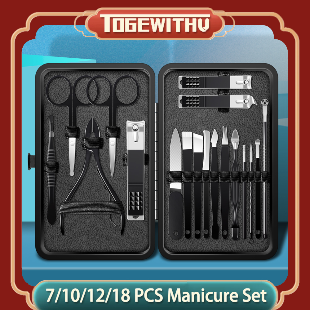 Bộ 7/10/12/18 dụng cụ chăm sóc móng gồm kềm cắt móng tay, kềm cắt móc chân bị mọc ngược, dũa tẩy biểu da chết chuyên nghiệp kèm bao da mang khi đi du lịch - INTL