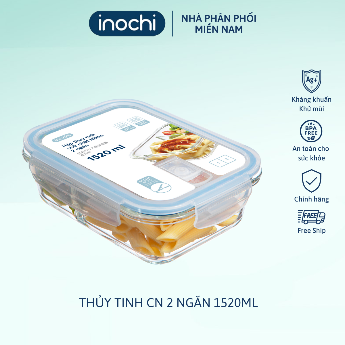 Hộp thủy tinh chữ nhật Nikko 1520 ml (2 ngăn)