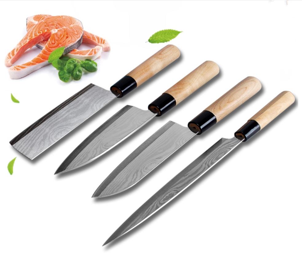 Bộ 04 dao làm bếp kiểu Nhật bản bằng thép có vân theo phong cách Dasmacus