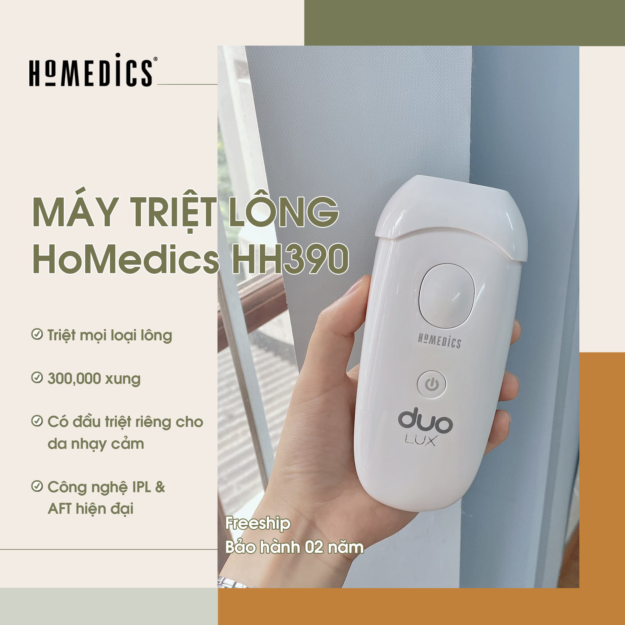 Máy triệt lông cá nhân mini tại nhà vĩnh viễn HoMedics HH390 công nghệ kép IPL&AFT - Triệt lông tại nhà vĩnh viễn