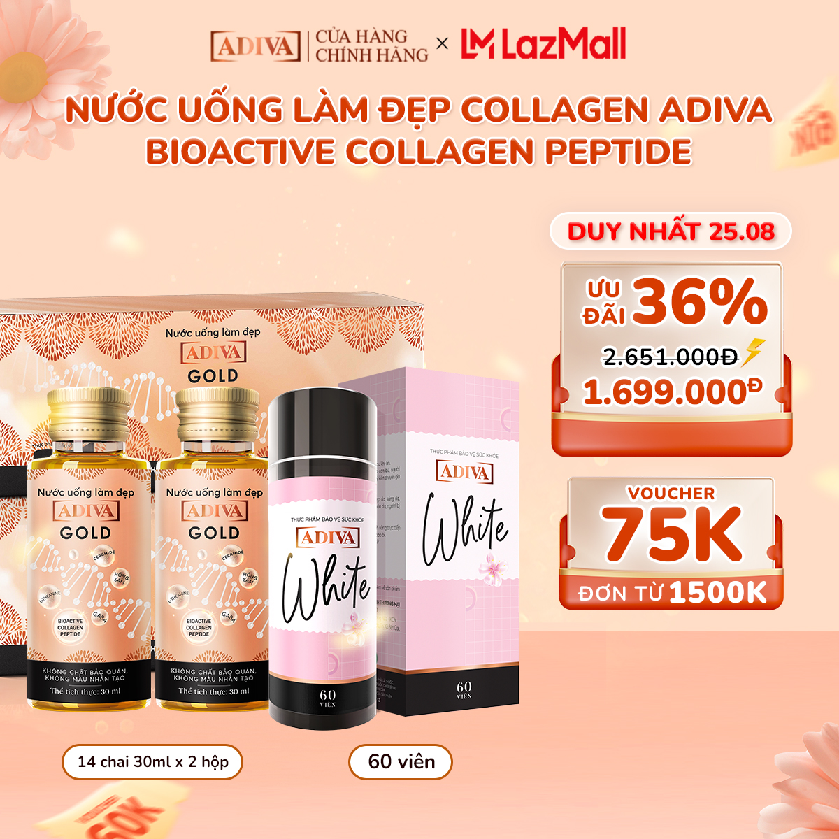 Combo 2 hộp nước uống làm đẹp collagen adiva gold tặng 1 hộp viên uống trắng da white adiva 60 viên