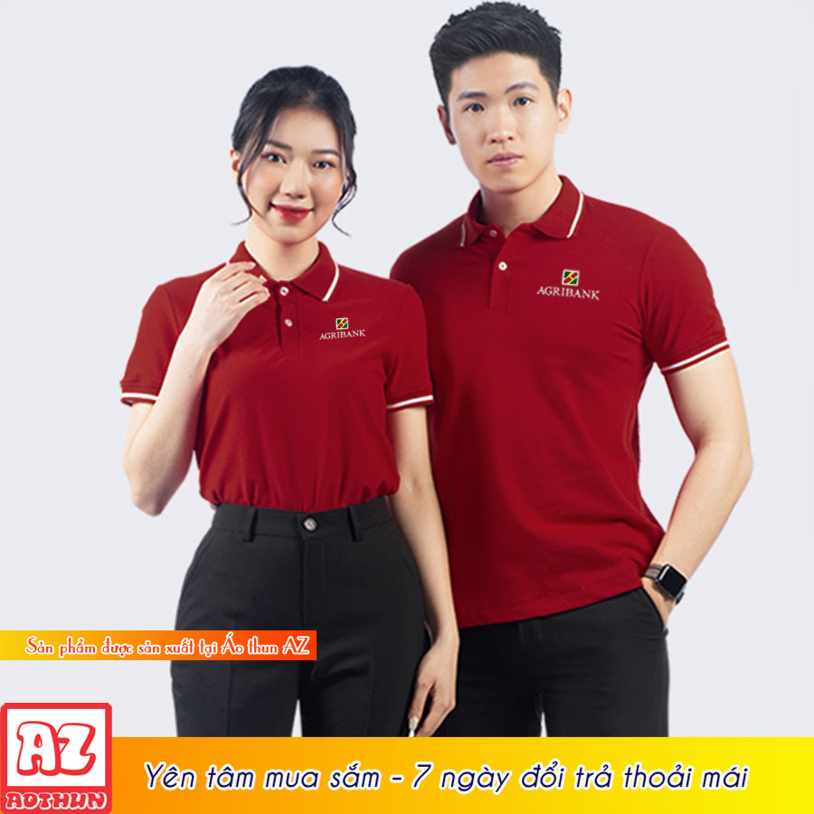 Áo thun polo nam nữ màu đỏ đô viền trắng thêu logo đồng phục ngân hàng agribank AT37