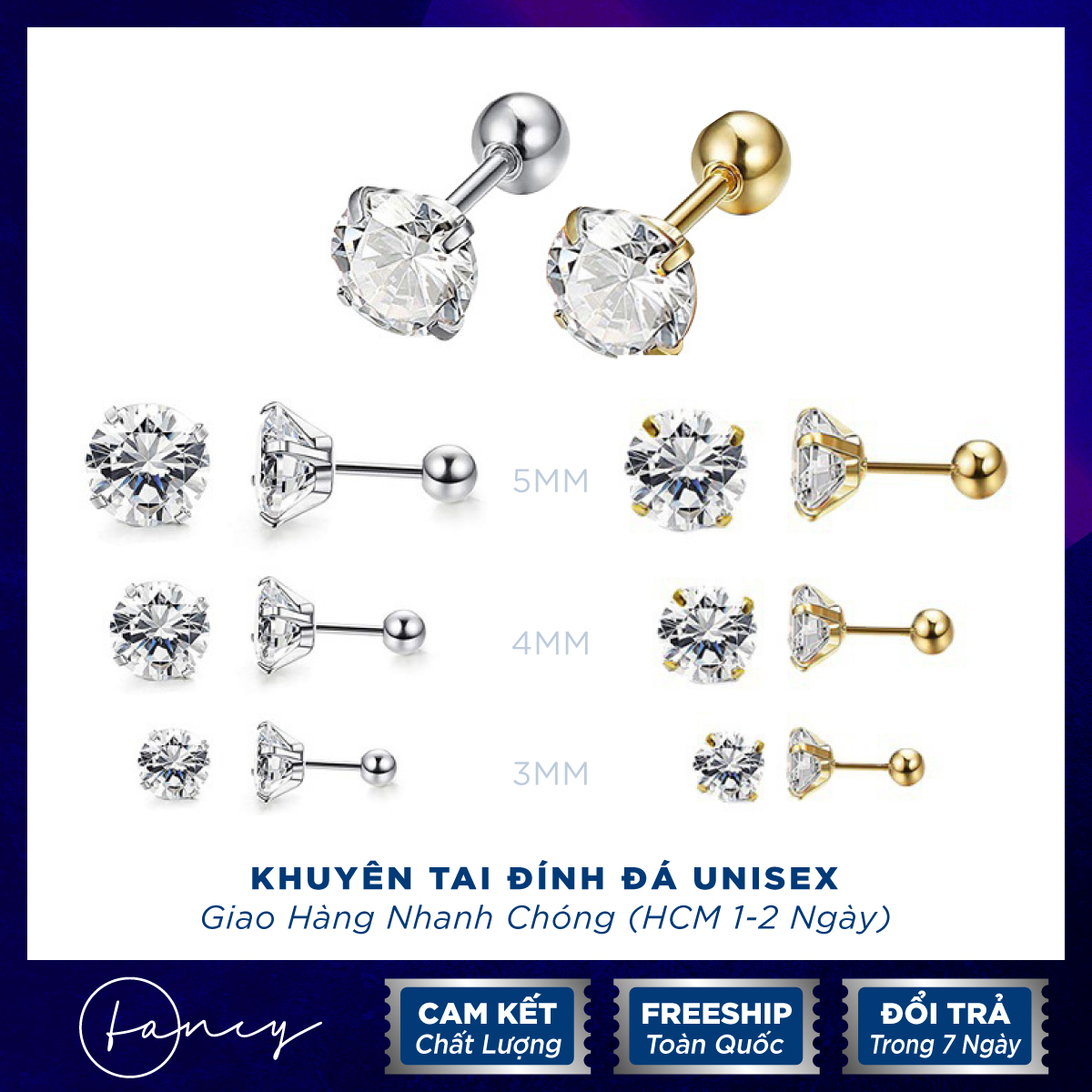 Khuyên tai đính đá đẹp ngầu. bông tai inox nam nữ khuyên nụ đá tròn trắng thép không gỉ. khuyên tai nam xỏ lổ . hoa tai nữ đính đá kim cương | fancy