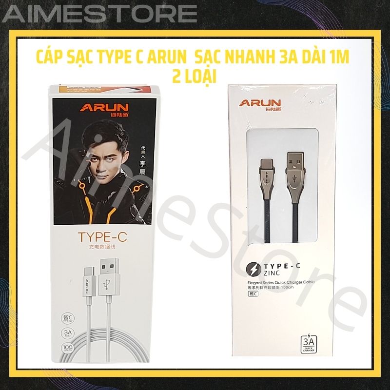 Cáp sạc Type C Arun sạc nhanh 3A dài 1m cho điện thoại Android 2 Màu Lựa Chọn, Cáp sạc nhanh đầu type C cho dòng điện thoại type C -Giá Tốt tại AimeStore