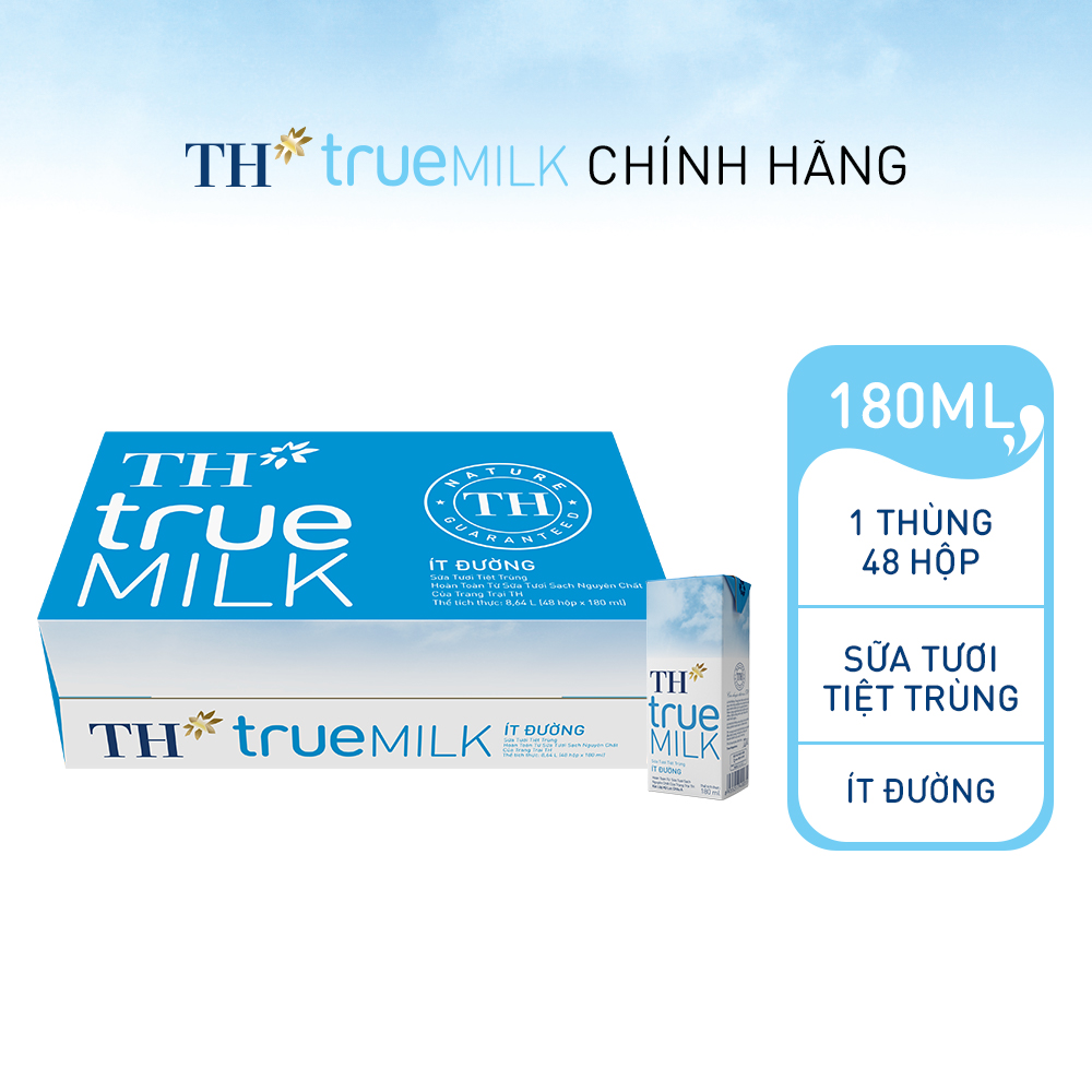 Thùng 48 hộp sữa tươi tiệt trùng ít đường TH True Milk 180ml