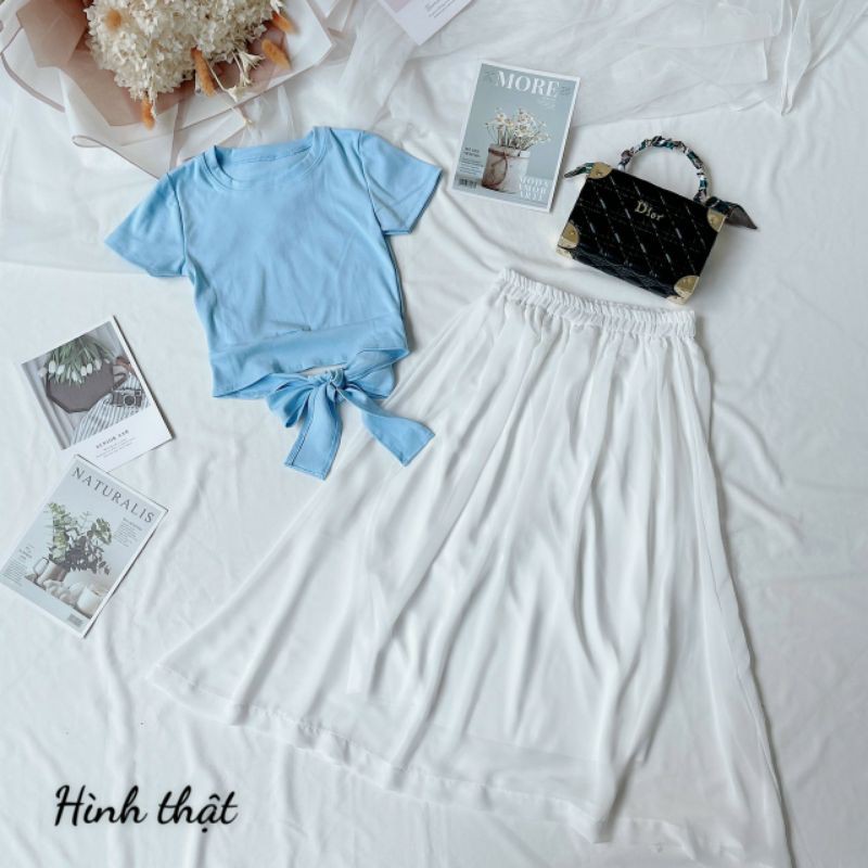 Set áo thun buộc eo váy midi ảnh thật
