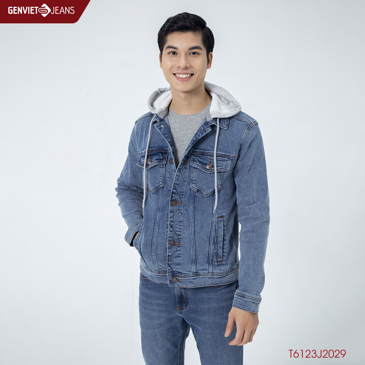 Áo khoác jeans nam genviet có mũ nỉ t6123j2029