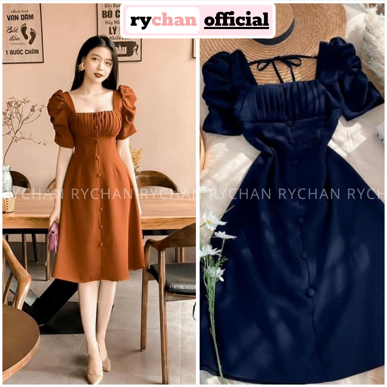 Đầm xòe midi cổ vuông nút bọc tay phồng trang nhã màu xanh nâu - dx9997