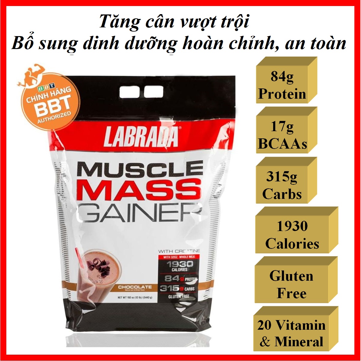 Muscle Mass Gainer 5.45kg 12Lbs - Sữa tăng cân cho người gầy hiệu quả, bổ sung thành phần dinh dưỡng hoàn chỉnh, an toàn